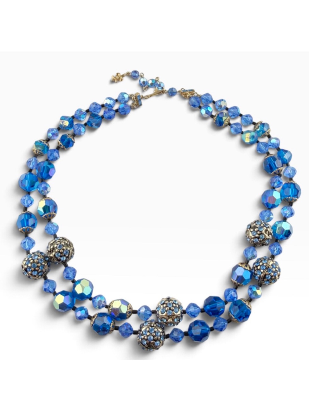 Vintage Vendome AB Blue Glass Rhinestone Spheres Beaded 2 Strand Necklace